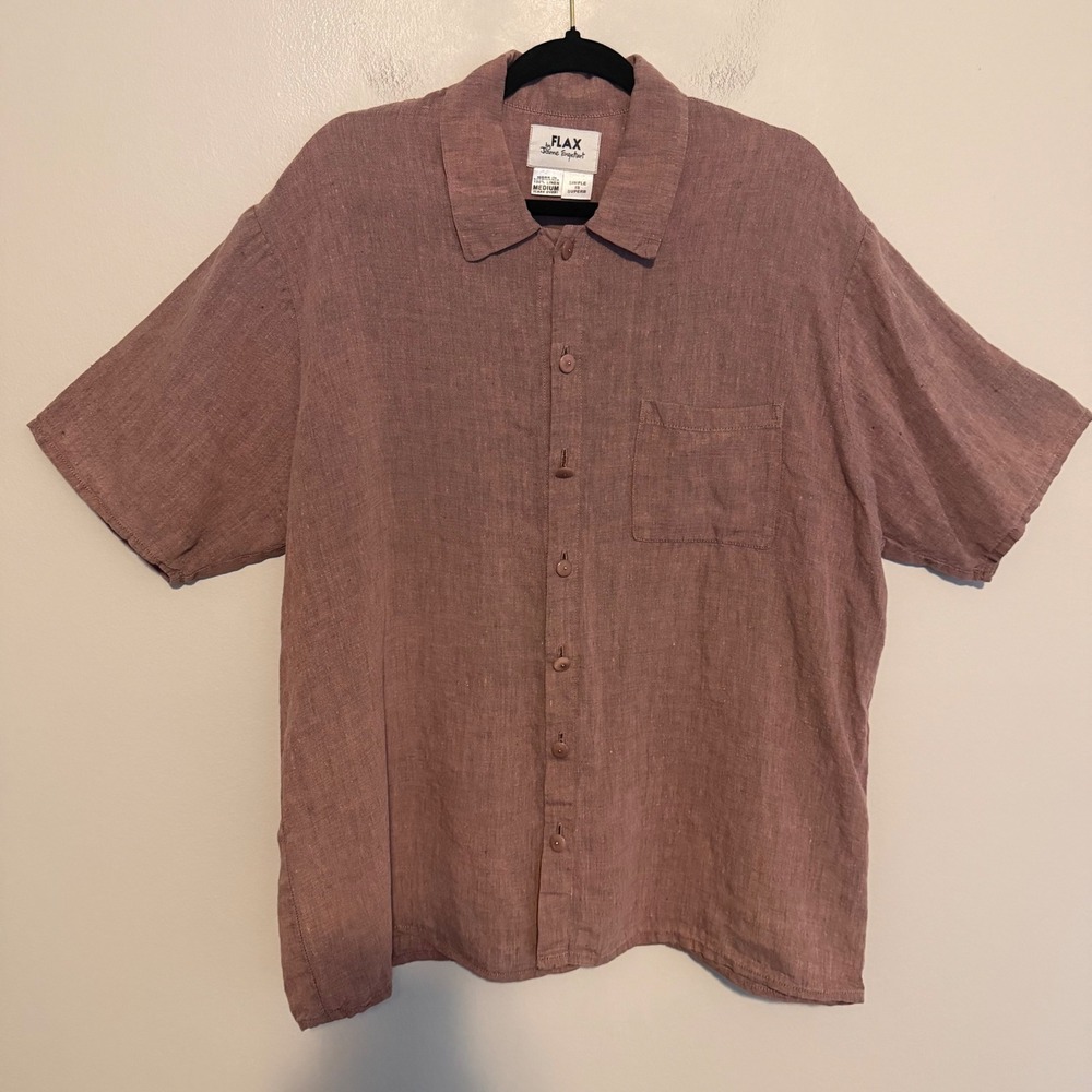 Flax linen button down shirt M pocket minimalist resort lagenlook boho casual